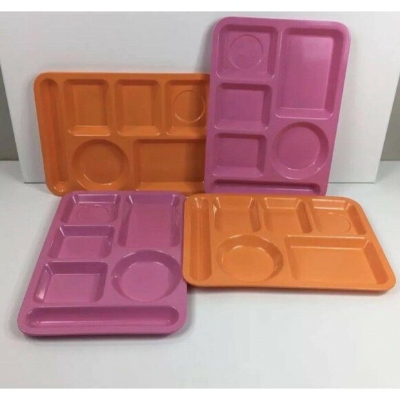 Vintage Pink & Orange Melamine Cafeteria Trays Set Of 4 Divided Compartments BBQ - Picture 1 of 5